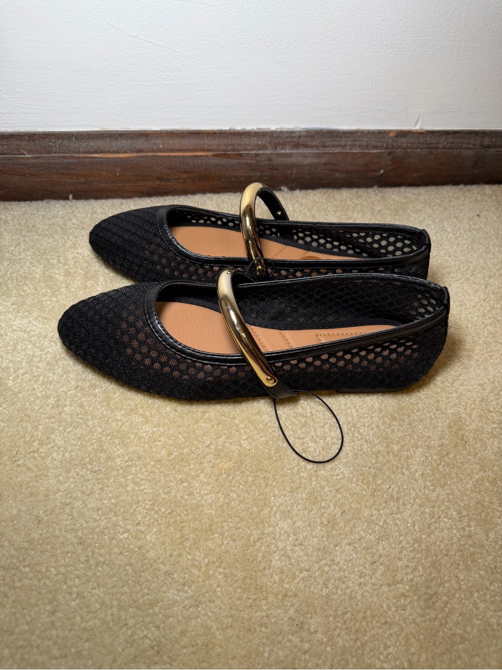 Black Mesh Ballet Flats with Gold Ring Detail - Women